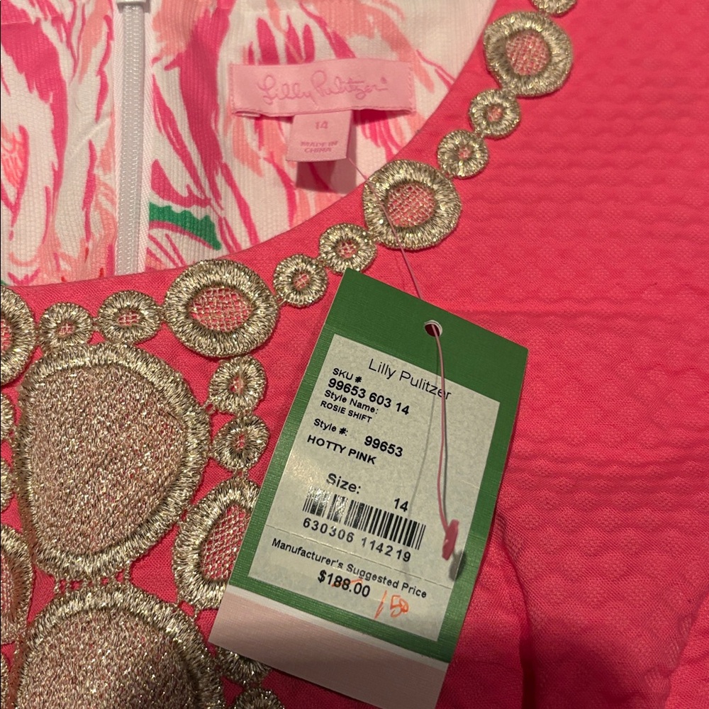 LILLY PULITZER Rosie Shift Dress in Hotty Pink w/ Gold Trim Size 14 -- NWT - Picture 8 of 9